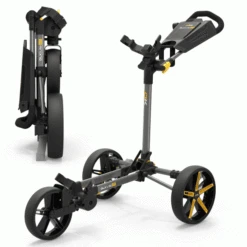 POWAKADDY DLX LITE FF GOLF PUSH CART – GUN METAL / YELLOW +FREE UMBRELLA HOLDER